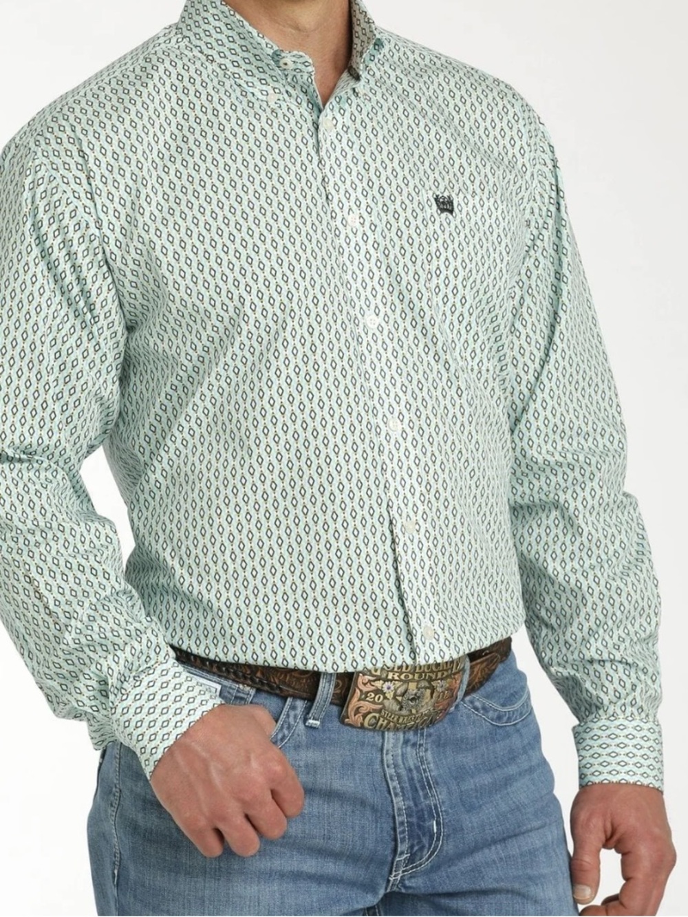 Cinch Men's Light Green Geometric Print Button-Down Shirt